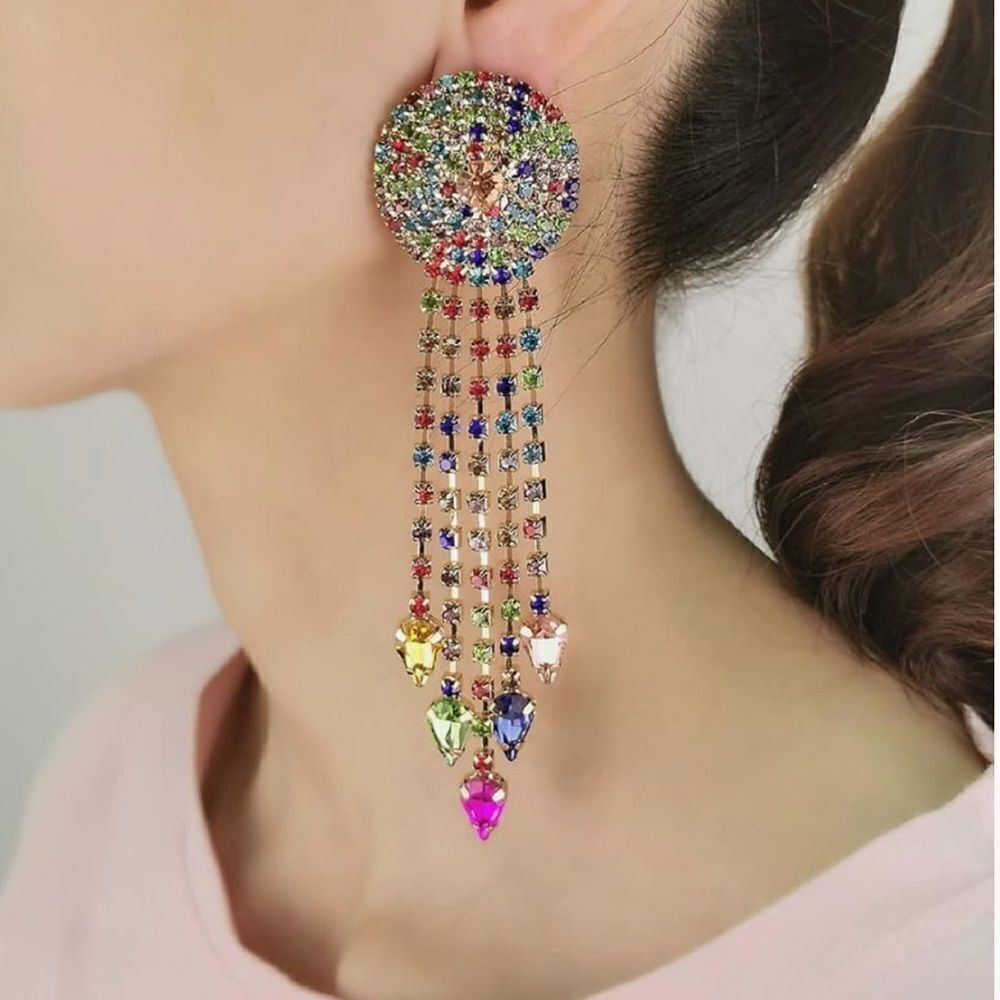 New Sphere Multi Rainbow Chandelier Dangle Arrow Fringe Sterling Silver Earrings - Picture 1 of 10
